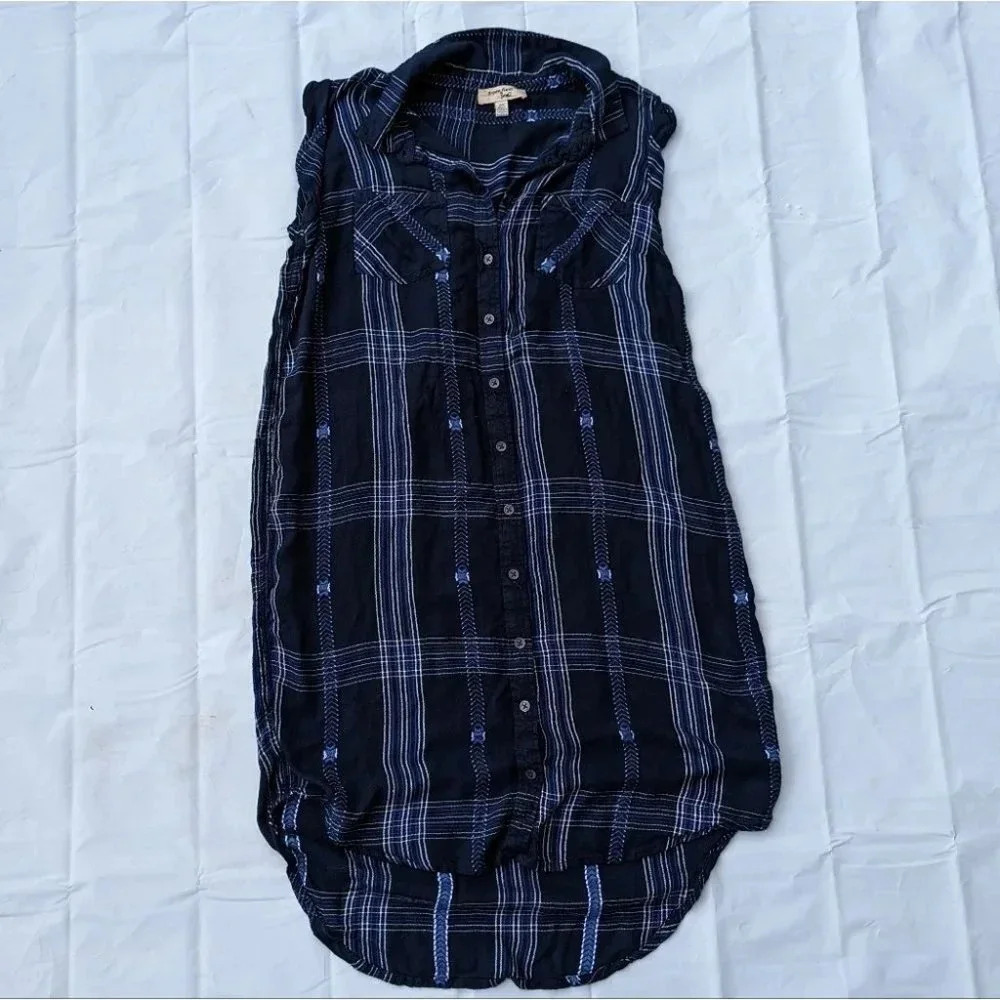 Triple Five Soul Button Front Plaid Tunic Dress  - Navy Blue Size Woman Medium